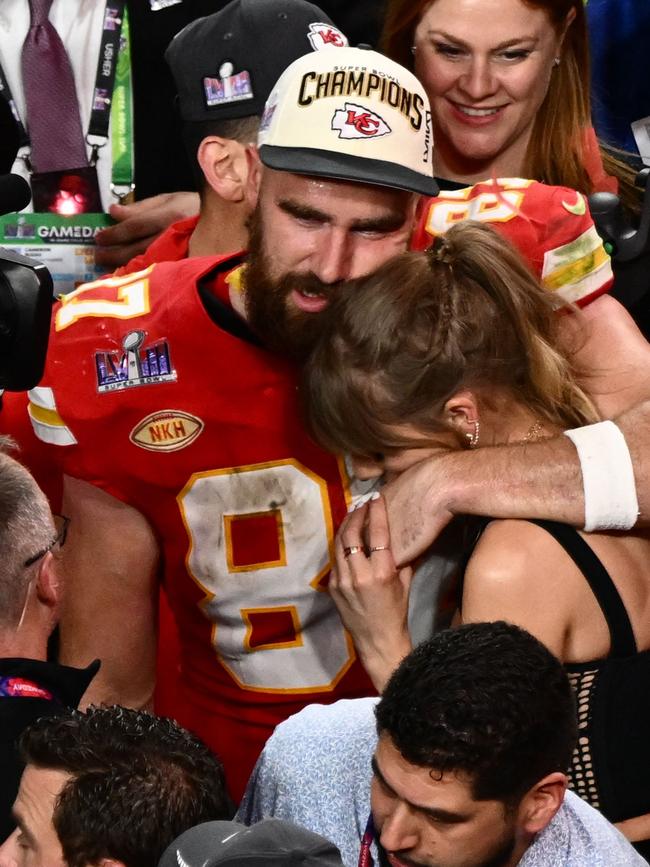 Kelce and Swift after the Super Bowl. Photo by Patrick T. Fallon / AFP