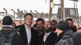 Elon Musk at the site of the Auschwitz-Birkenau Nazi German death camp. Getty Images