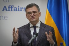 Ukraine's Foreign Minister Dmytro Kuleba, attends a joint news conference with Moldova's Foreign Minister Mihai Popsoi in Kyiv, Ukraine, Wednesday, March. 13, 2024. EFREM LUKATSKY / AP