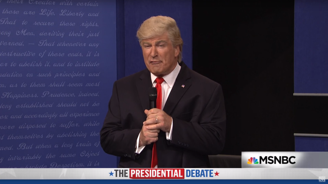 Alec Baldwin portrays Donald Trump in a “Saturday Night Live” skit lampooning his performance in the last debate with Hillary Clinton. Trump apparently took exception to the skit, tweeting that it was time to take the show off the air. NBC  Read more here