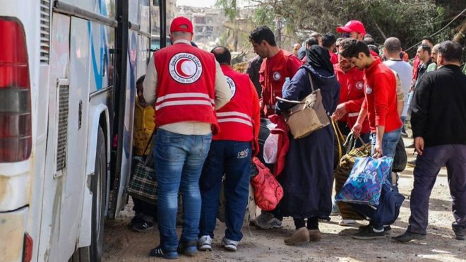 SYRIAN ARAB RED CRESCENT /The Syrian Arab Red Crescent arrived in Harasta earlier to assist in the evacuation