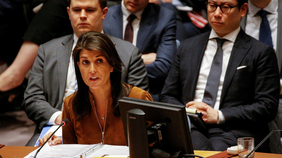 United States envoy to the United Nations Nikki Haley addresses the Security Council, April 9, 2018. © Brendan McDermid / Reuters