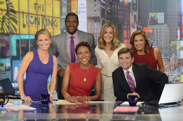 (From left) Amy Robach, Michael Strahan, Robin Roberts, Lara Spencer, George Stephanopoulos and Ginger Zee on the set of "Good Morning America"