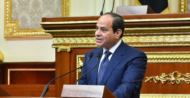 © Egyptian presidency / AFP | Egyptian President Abdel Fattah al-Sisi giving a speech during his swearing in ceremony on June 2, 2018, for a second four-year term in office, at the parliament meeting hall in Cairo.
