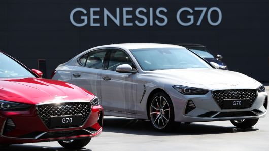 SeongJoon Cho | Bloomberg | Getty Images Hyundai Motor Co. Genesis G70 sedans on display during a launch event in Hwaseong, South Korea.