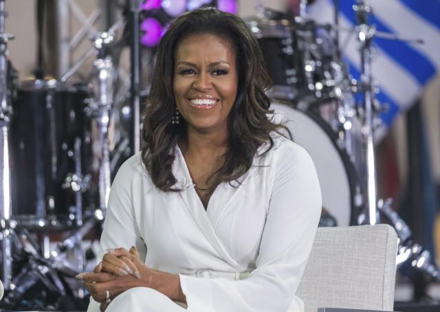 FILE - In this Oct. 11, 2018, file photo, Michelle Obama participates in the International Day of the Girl on NBC&#39;s "Today" show in New York. Michelle Obama blasts President Donald Trump in her new book, recalling how she reacted in