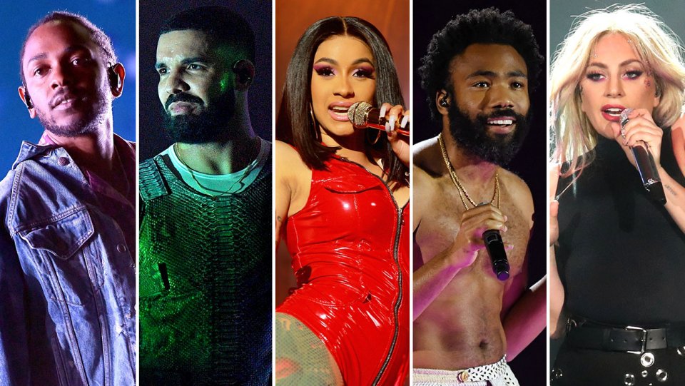 From left: Kendrick Lamar, Drake, Cardi B, Childish Gambino and Lady Gaga / Getty Images (5)