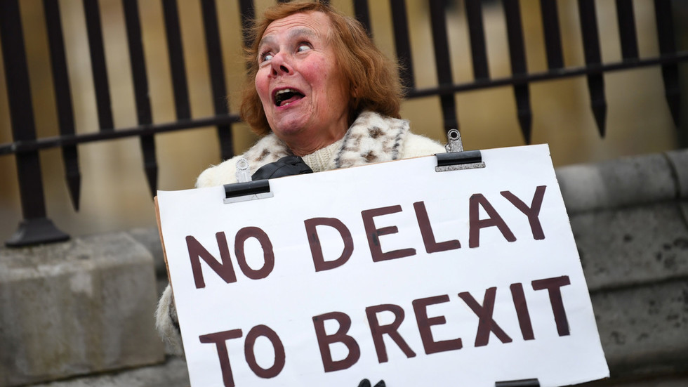 A pro-Brexit protester holds a banner outside the Houses of Parliament in London, Britain on March 20, 2019. ©  Reuters / Dylan Martinez
