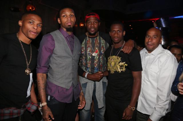 Russell Westbrook, left, Cliff Dixon, Kevin Durant, Geno Smith and 'OG' Juan Lopez attend Kevin Durant's 25th birthday party in 2013. (Photo by Johnny Nunez/WireImage)