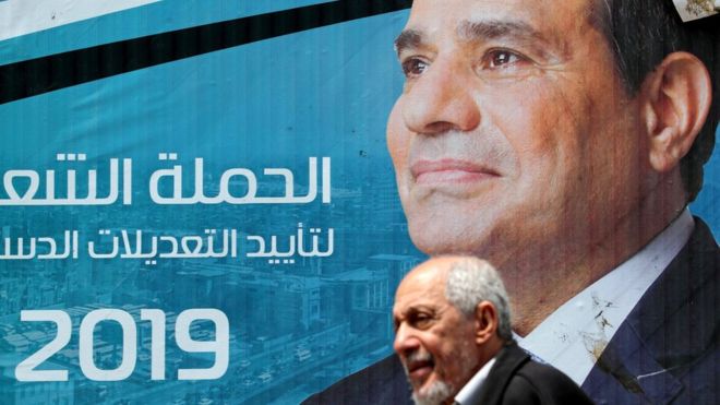 REUTERS Image caption Abdul Fattah al-Sisi, seen here in a street poster, was re-elected last year after winning 97% of the vote