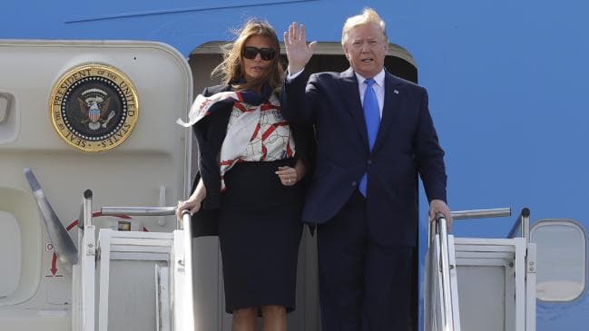 President Donald Trump and first lady Melania Trump arrive at Stansted Airport in England on Monday for a three-day state visit to Britain. Picture: AP Photo/Kirsty WigglesworthSource:AP