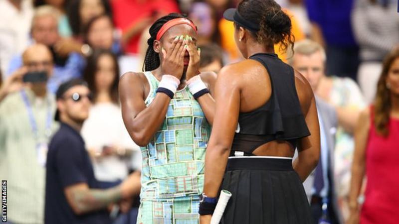 Naomi Osaka (right) comforted an upset Coco Gauff (left) immediately after her victory