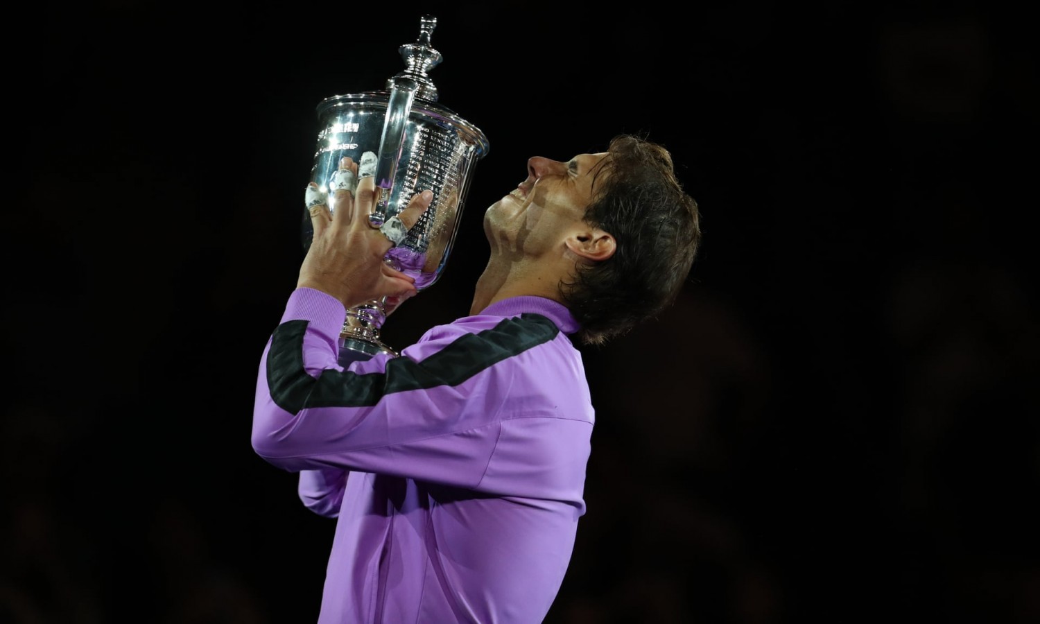 Rafael Nadal lifts the US Open trophy after a rollercoaster win over Daniil Medvedev. Photograph: Al Bello/Getty Images