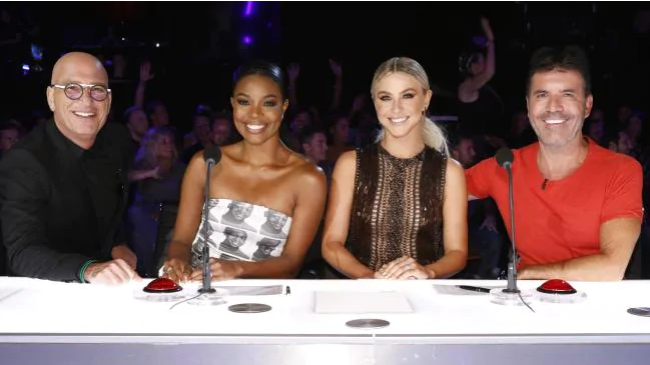 From left, Howie Mandel, Gabrielle Union, Julianne Hough and Simon Cowell on the set of America's Got Talent. Picture: NBC via APSource:AP