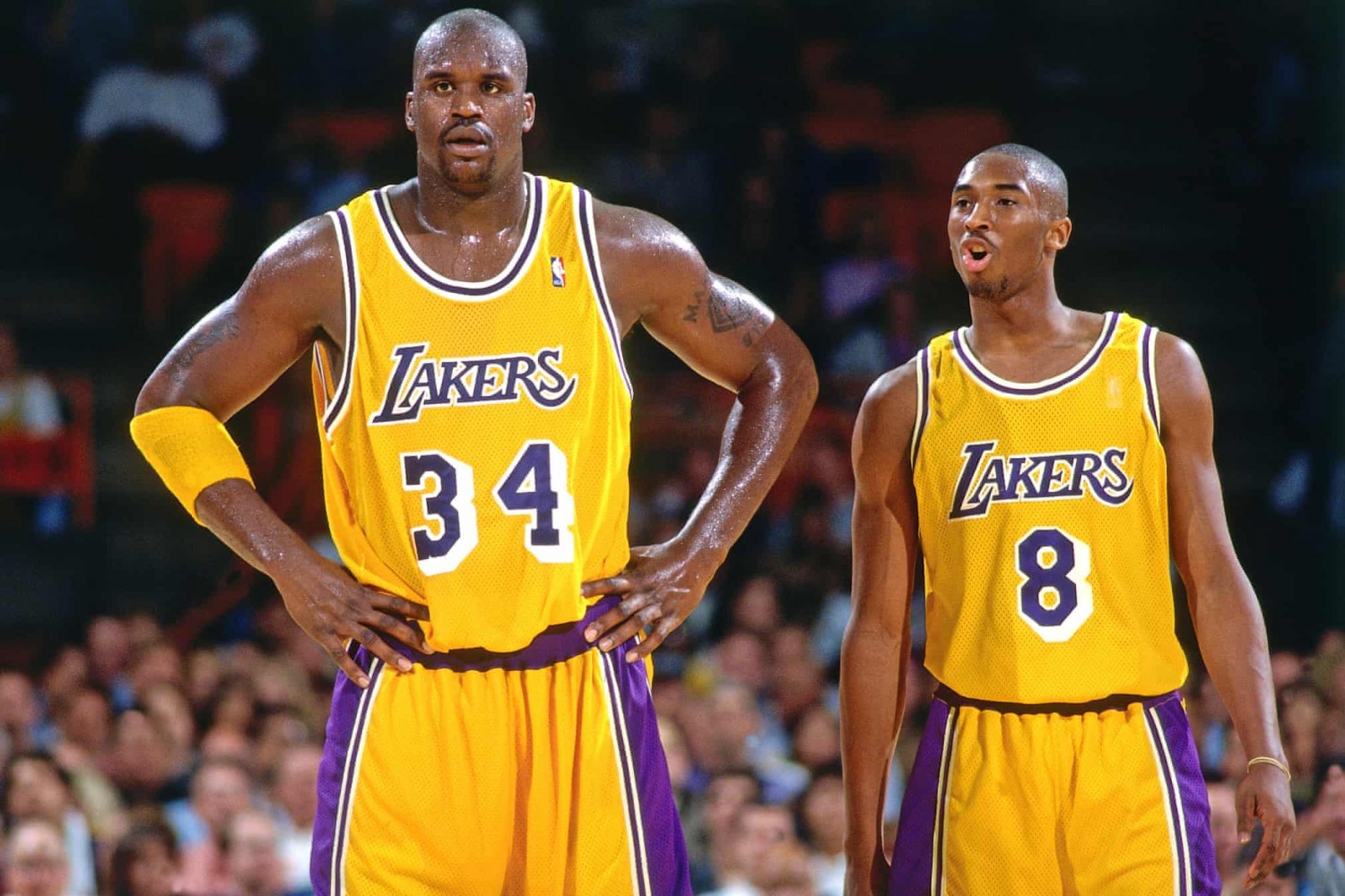 A young Bryant alongside Shaquille O’Neal in November 1996. Photograph: Andrew D Bernstein/NBAE via Getty Images