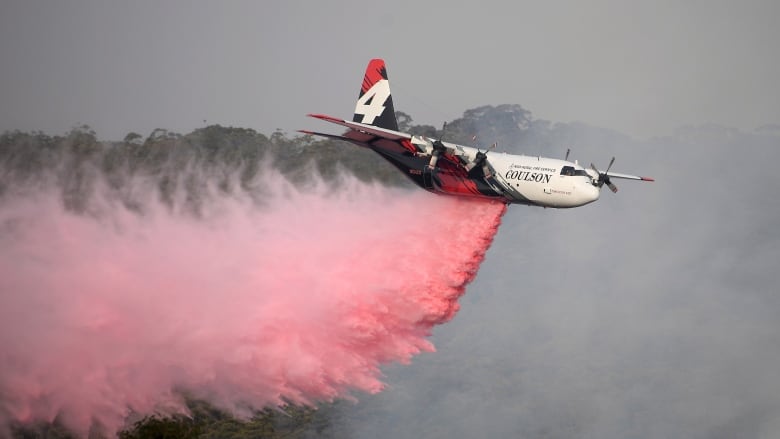 In this Jan. 10, 2020, photo, a Rural Fire Service large air tanker, operated by Coulson Aviation in the U.S. state of Oregon, drops fire retardant on a wildfire burning close to homes at Penrose, Australia. Three American crew members died Thursday when
