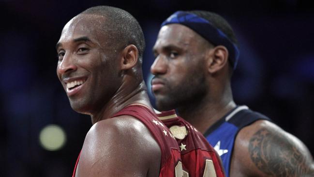 Kobe Bryant, of the Los Angeles Lakers, smiles as he stands next to LeBron James, of the Miami Heat, during the NBA basketball All-Star Game in Los Angeles, on Sunday, February 20, 2011. Picture: Jae C. Hong/APSource:AP