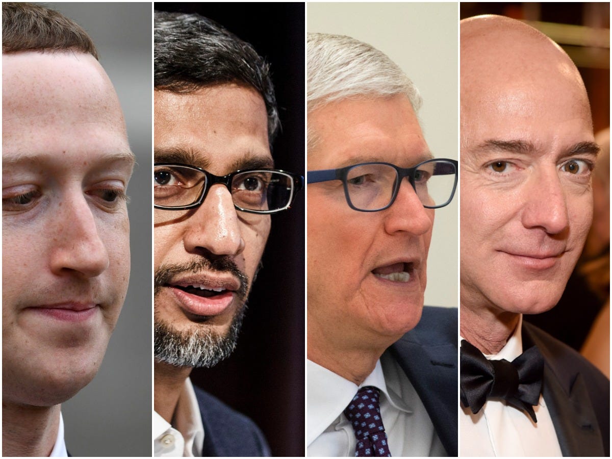 From left to right, Mark Zuckerberg, Sundar Pichai, Tim Cook, and Jeff Bezos. Getty/Carsten Koall/Michael Kovac/Business Insider composite