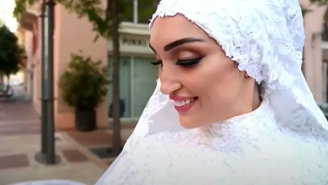 Israa Seblani, 29, was smiling for her wedding video before the blast hit. Picture: Mahmoud NakibSource:Supplied