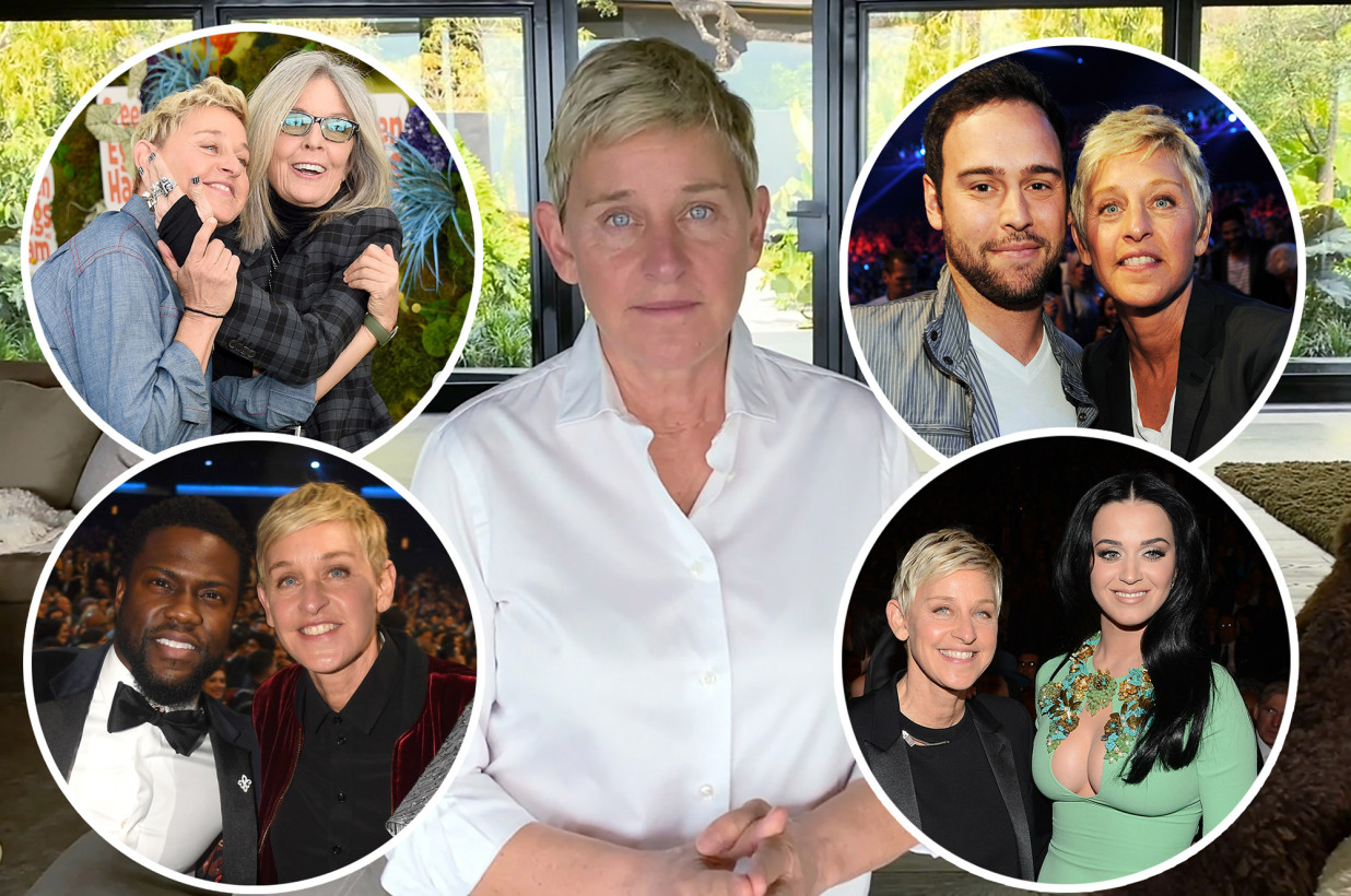 Ellen DeGeneres with her famous defenders, Diane Keaton, Scooter Braun, Kevin Hart and Katy Perry Ellen DeGeneres with her famous defenders, Diane Keaton, Scooter Braun, Kevin Hart and Katy Perry / Getty Images