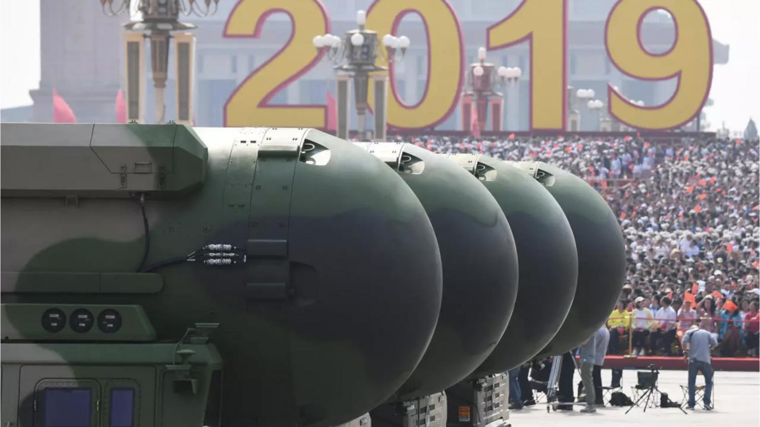 China's DF-41 nuclear-capable intercontinental ballistic missiles are seen during a military parade at Tiananmen Square in Beijing on October 1, 2019. China is among the countries that have not signed the UN treaty banning nuclear weapons. © Greg Bak
