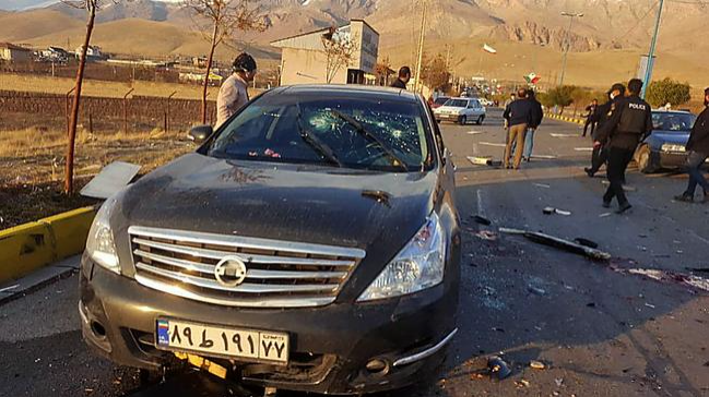 A photo made available by Iran state TV (IRIB) on November 27 shows the damaged car of Iranian nuclear scientist Mohsen Fakhrizadeh. Picture: IRIB News Agency / AFPSource:AFP