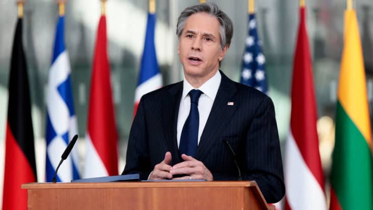 US Secretary of State Antony Blinken speaks after a meeting of NATO foreign ministers at NATO headquarters in Brussels on March 24, 2021. Virginia Mayo | AFP | Getty Images