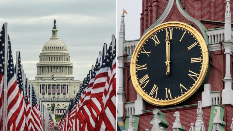 (L) The Capitol building is surrounded by American flags on the National Mall ©️ AFP / STEPHANIE KEITH; (R) Spasskaya Tower, Kremlin ©️ RIA
