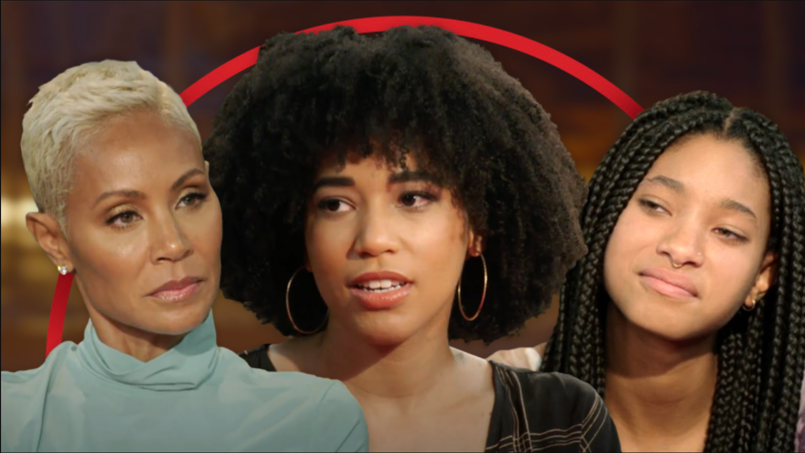 Jada Pinkett Smith (left) and daughter Willow Smith (right) discuss polyamory on this week's "Red Table Talk" with guest Gabrielle Smith (center) / Red Table