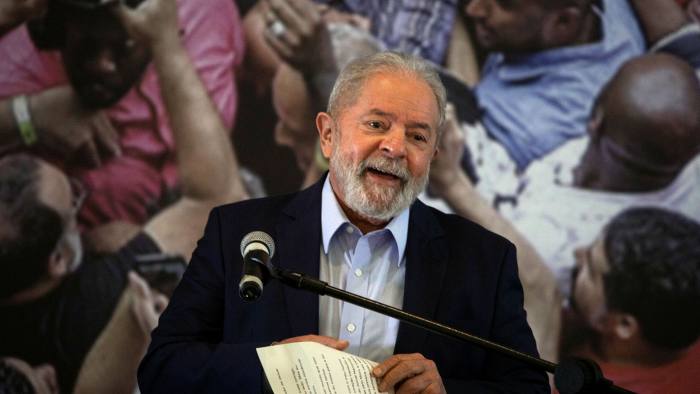 Luiz Inácio Lula da Silva speaks at a metalworkers’ union in March. His allies insist any third term would be characterised by pragmatic dealmaking and progressive values © Victor Moriyama/Bloomberg