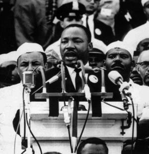 The Rev. Martin Luther King Jr. addresses marchers during his "I Have a Dream" speech at the Lincoln Memorial in Washington on Aug. 28, 1963. AP File Photo