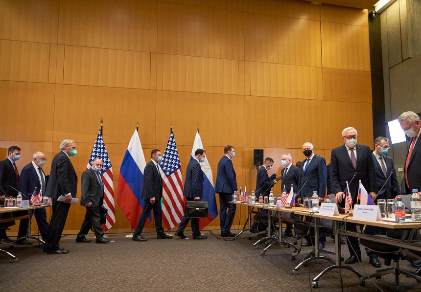 The Russian delegation arrived for talks with the U.S. in Geneva on Monday on tensions over Ukraine. PHOTO: DENIS BALIBOUSE/ASSOCIATED PRESS