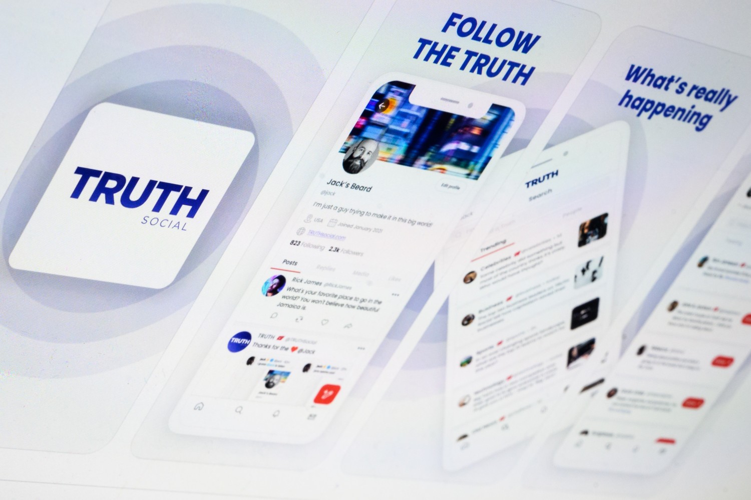 The holding screen for the Truth Social platform and app. (Leon Neal/Getty Images)