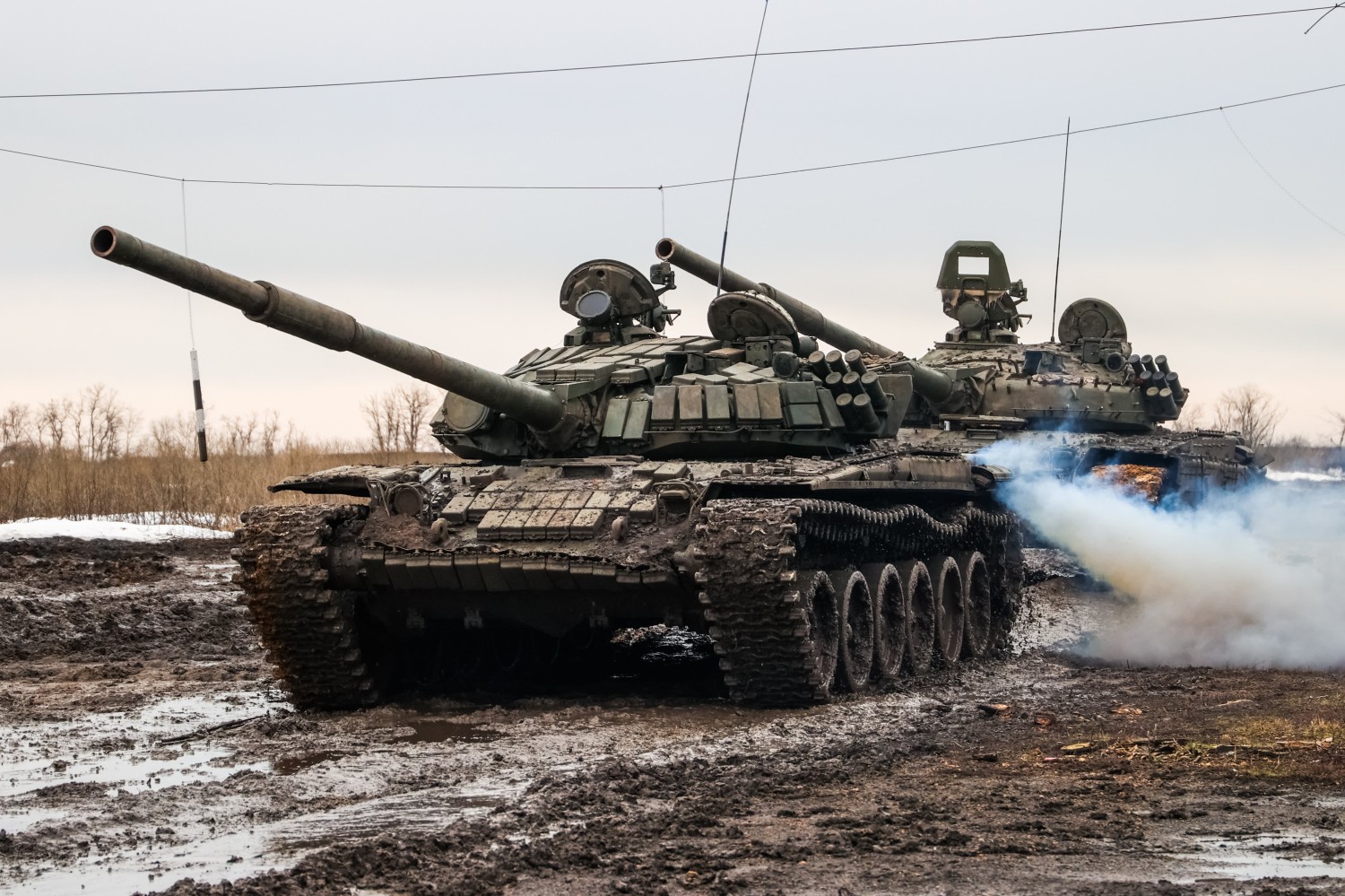 T-72B3 tanks of the tank force of the Russian Western Military District conduct field firing at Kadamovsky Range, Russia, Feb. 3, 2022. Erik Romanenko | TASS | Getty Images