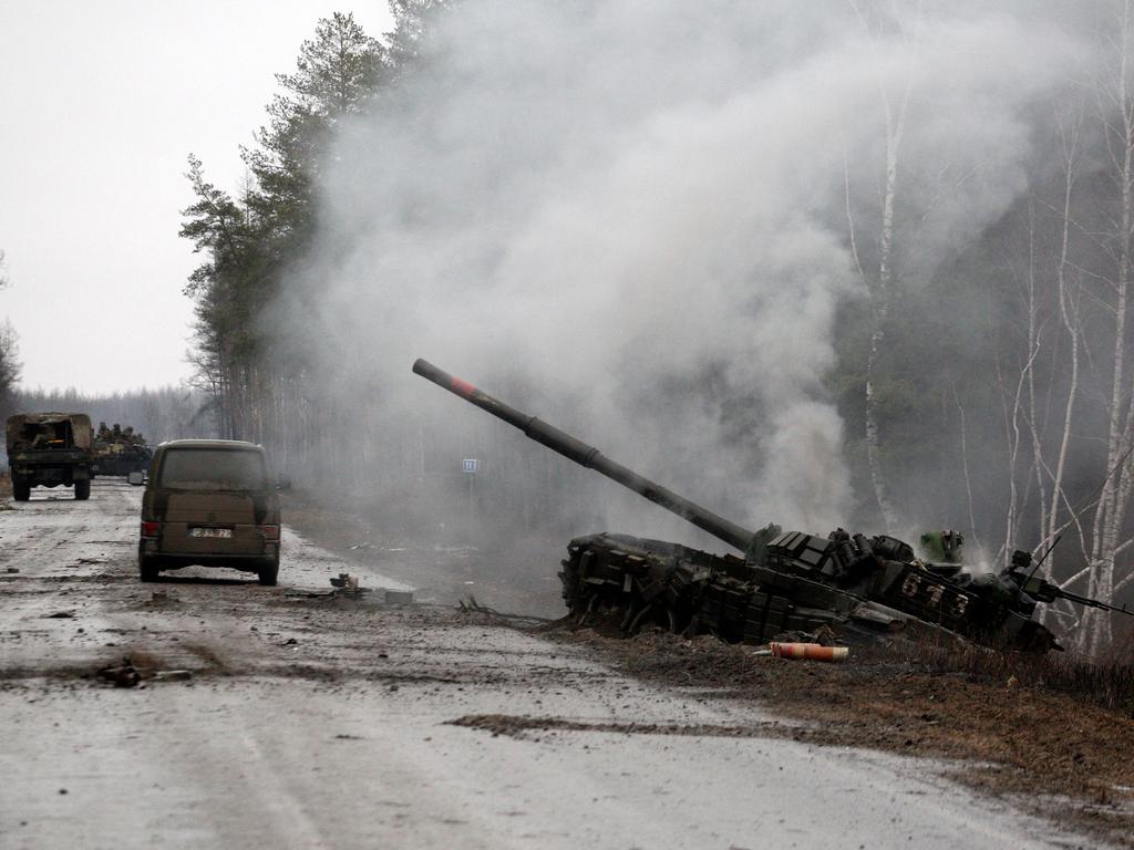 A Russian tank destroyed by Ukrainian forces in Luhansk region. Picture: Anatolii Stepanov/AFP