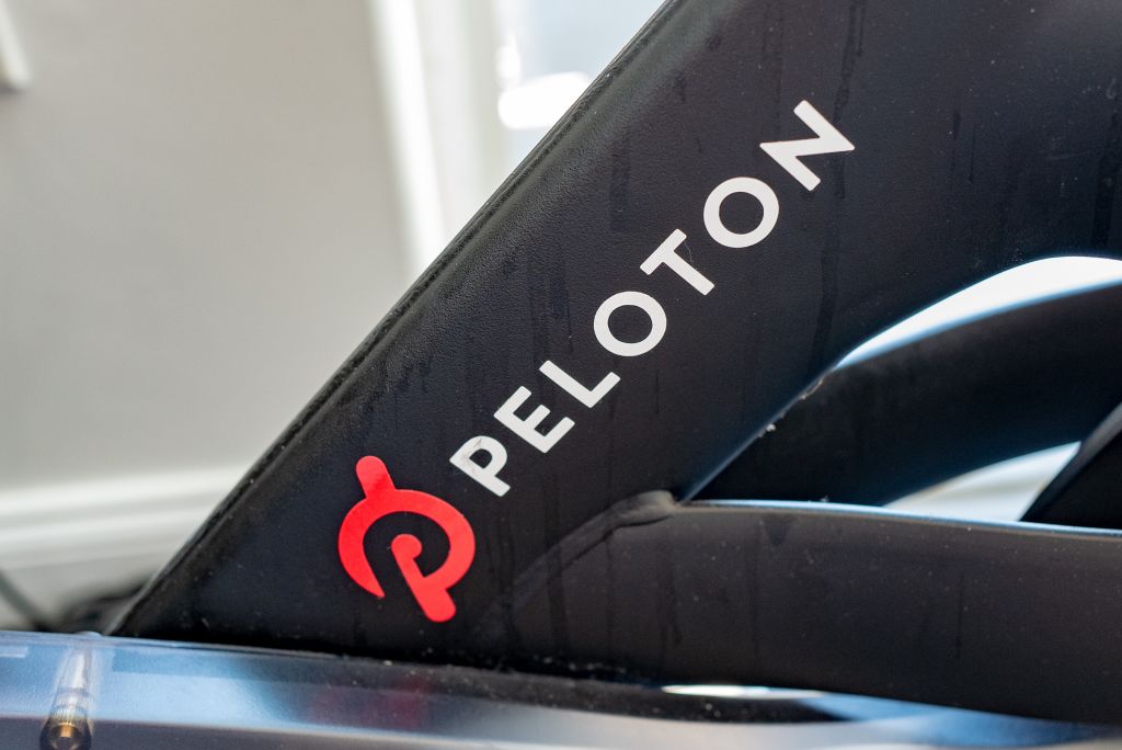 Close-up of logo for Peloton on exercise bicycle San Francisco, California, on June 14, 2021. Smith Collection—Gado/Getty Images