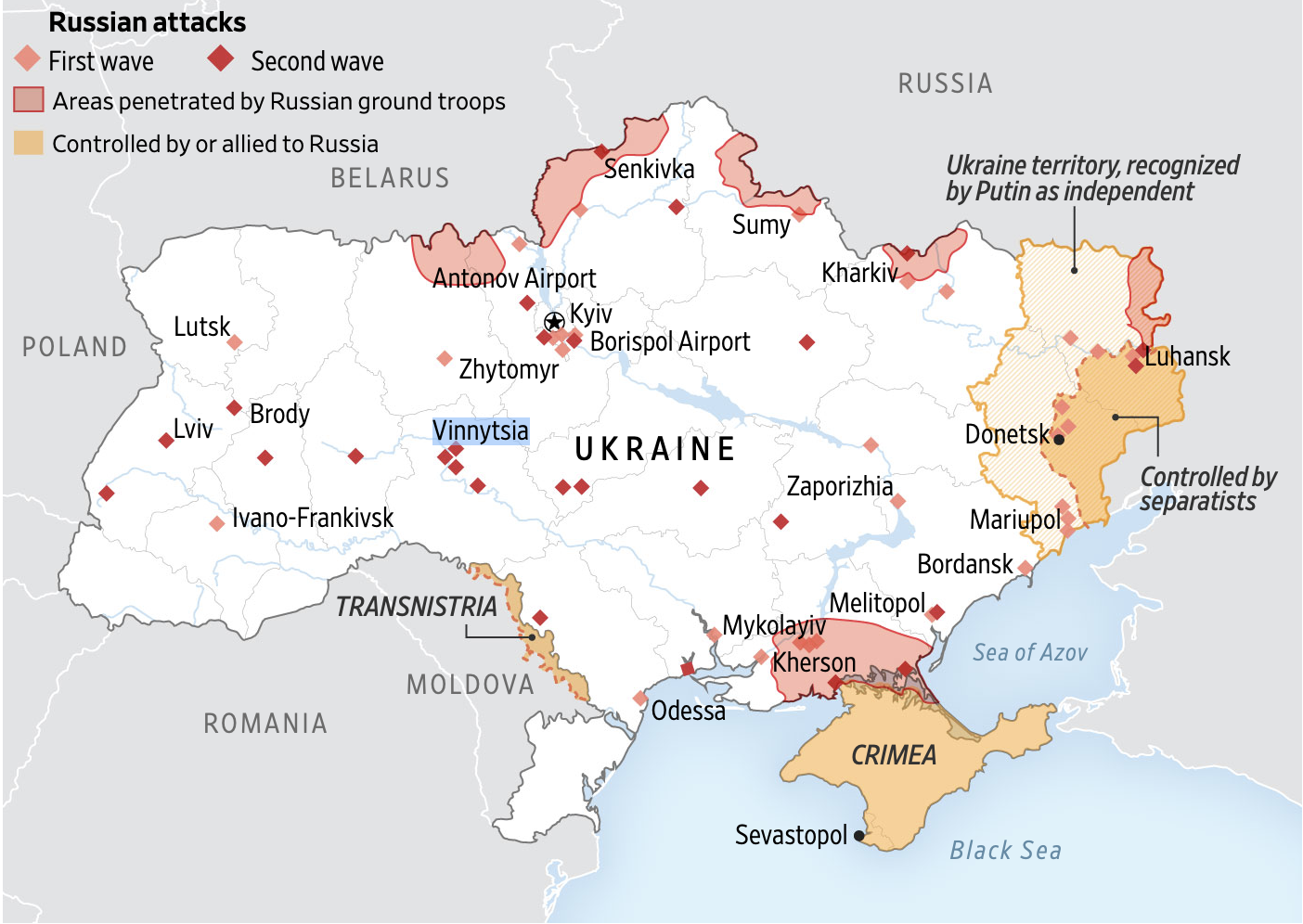 Sources: Organization for Security and Cooperation in Europe (Russia-controlled area in eastern Ukraine); Dr. Phillip Karber, Potomac Foundation (attacks) Note: Locations are approximate; Data as of Friday Max Rust and Emma Brown/The Wall Street Journal