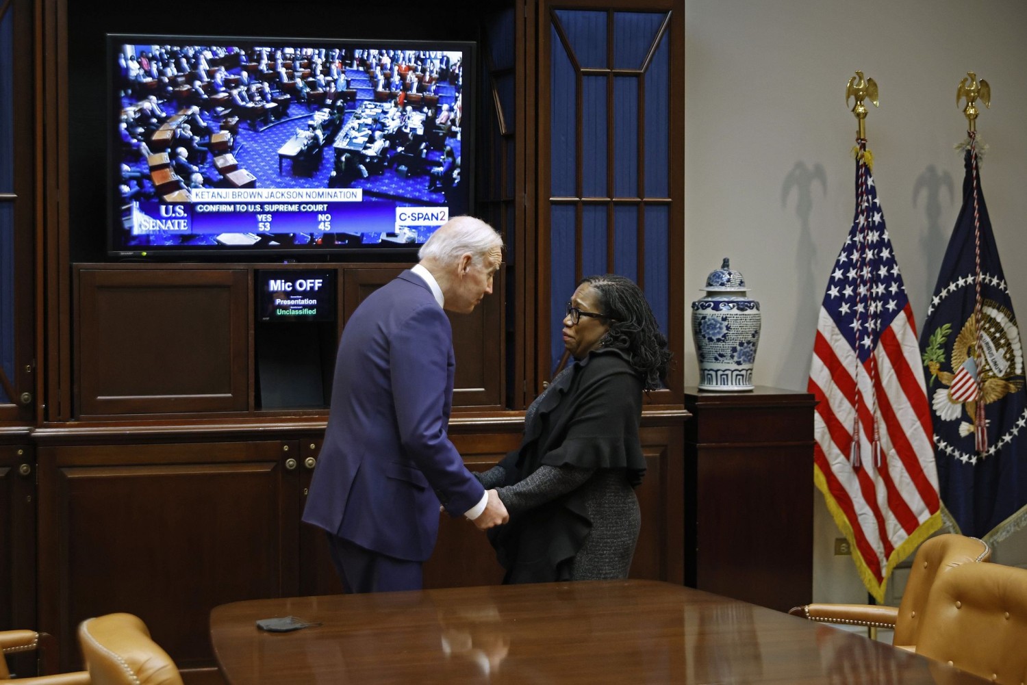 President Biden congratulated Judge Jackson after the Senate voted to confirm her. PHOTO: CHIP SOMODEVILLA/GETTY IMAGES