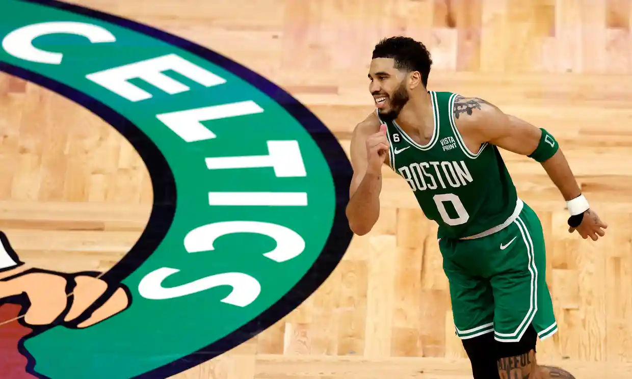 Celtics forward Jayson Tatum scored 21 points in his team’s Game 5 win over the Heat on Thursday night. Photograph: Michael Dwyer/AP
