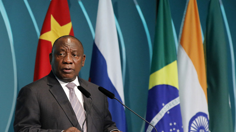 South Africa's President Cyril Ramaphosa speaks during a BRICS event in Brasilia, Brazil, 2019. ©  Sergio Lima / AFP