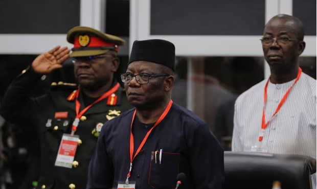 Ecowas commissioner Abdel-Fatau Musah, centre, at a meeting of military heads in Accra on Thursday, said armed intervention was a last resort. Photograph: Francis Kokoroko/Reuter