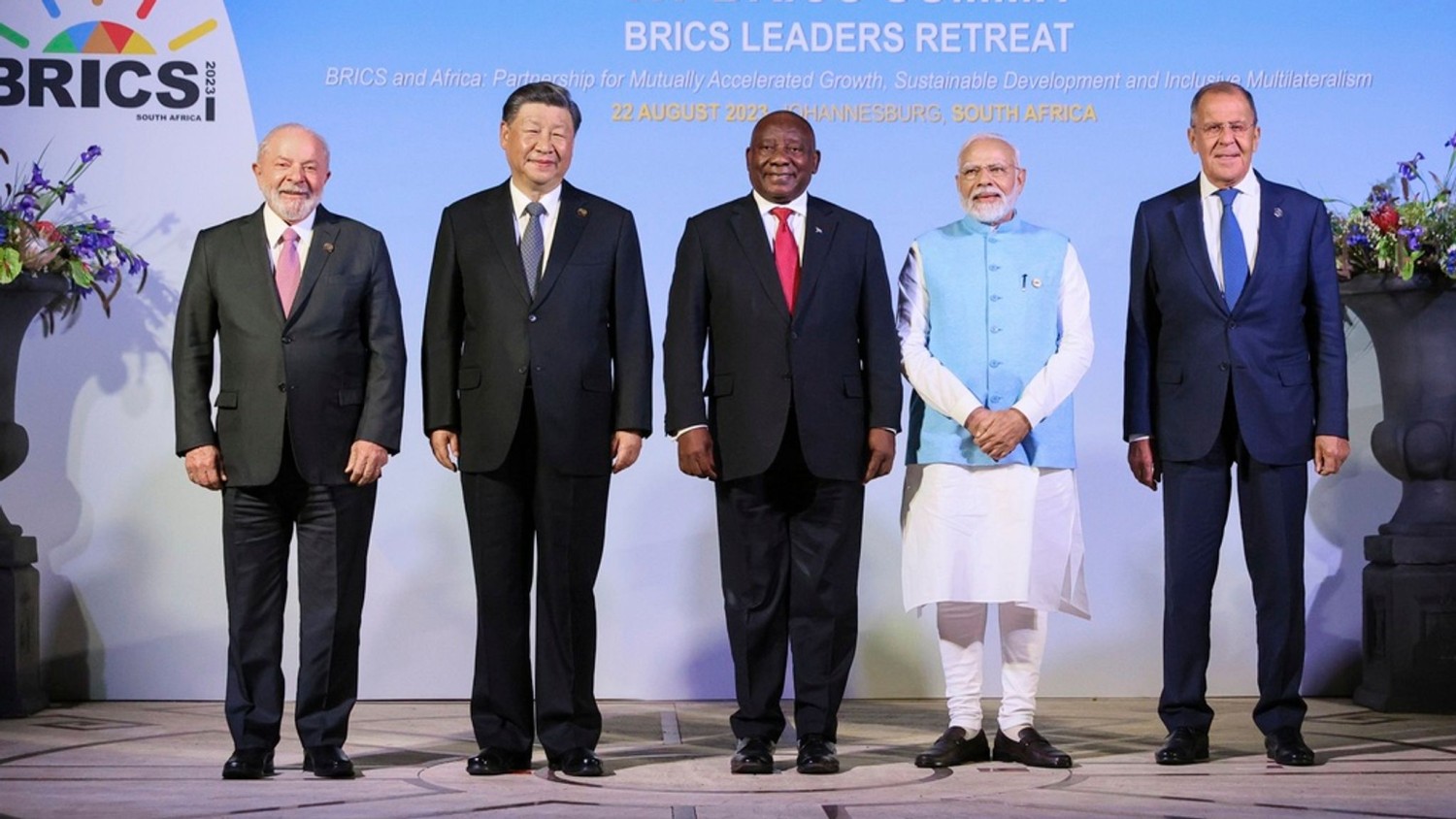 Chinese President Xi Jinping, second from left, with other world leaders at the BRICS summit. Pic: AP