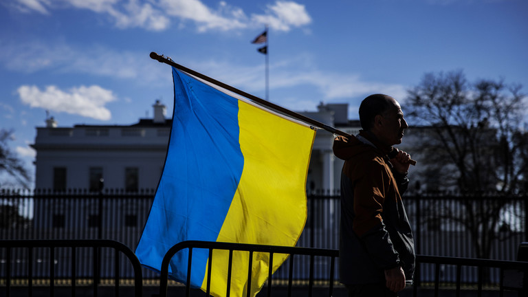FILE PHOTO. A man with a Ukrainian flag stands in front of the White House © Getty Images / Samuel Corum