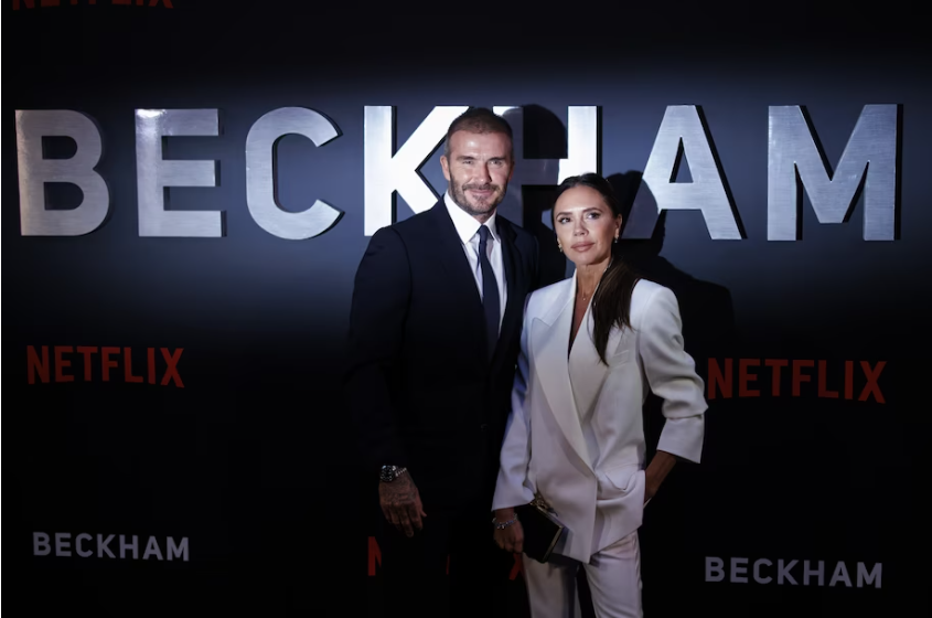 David and Victoria Beckham attend the premiere of “Beckham” earlier this month in London. (Tolga Akmen/EPA-EFE/Shutterstock)