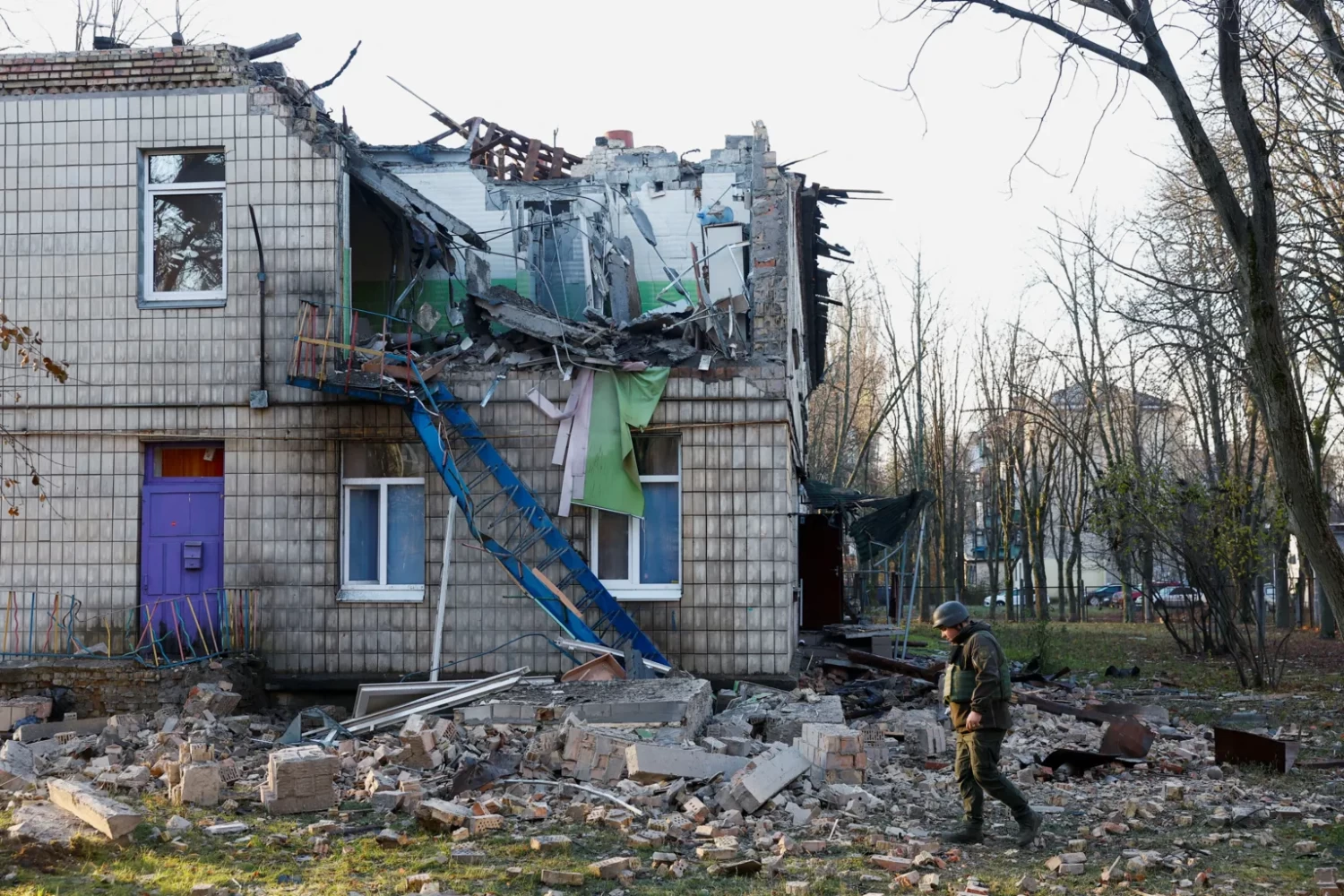 A kindergarten was heavily damaged by the latest Russian drone strike on Kyiv. Reuters