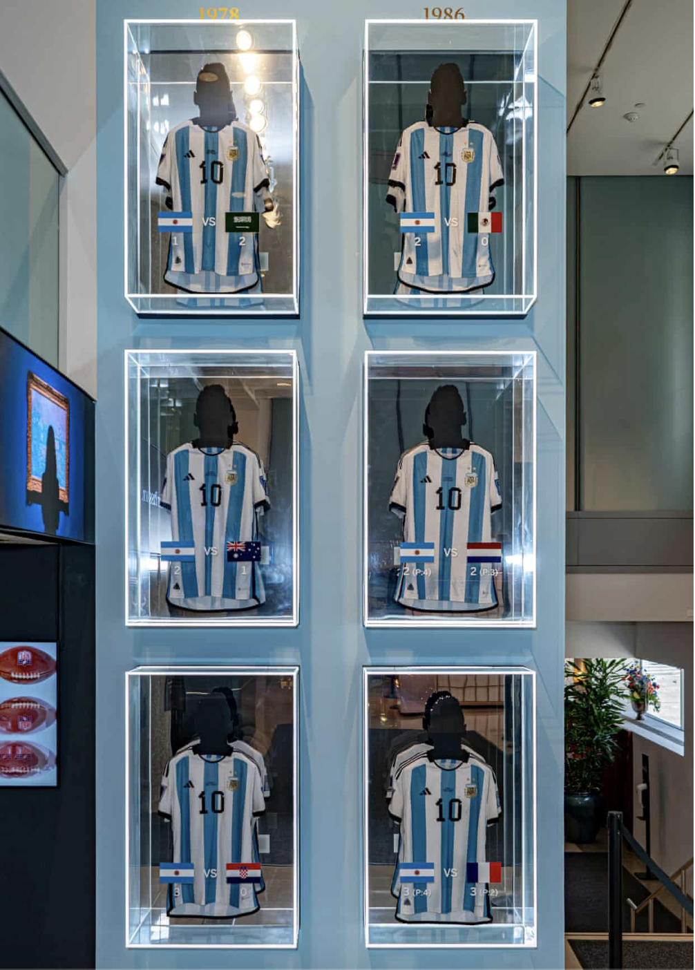 The six shirts worn by Messi during Argentina’s 2022 World Cup campaign on display at Sotheby’s in New York. Photograph: Peter K Afriyie/AP