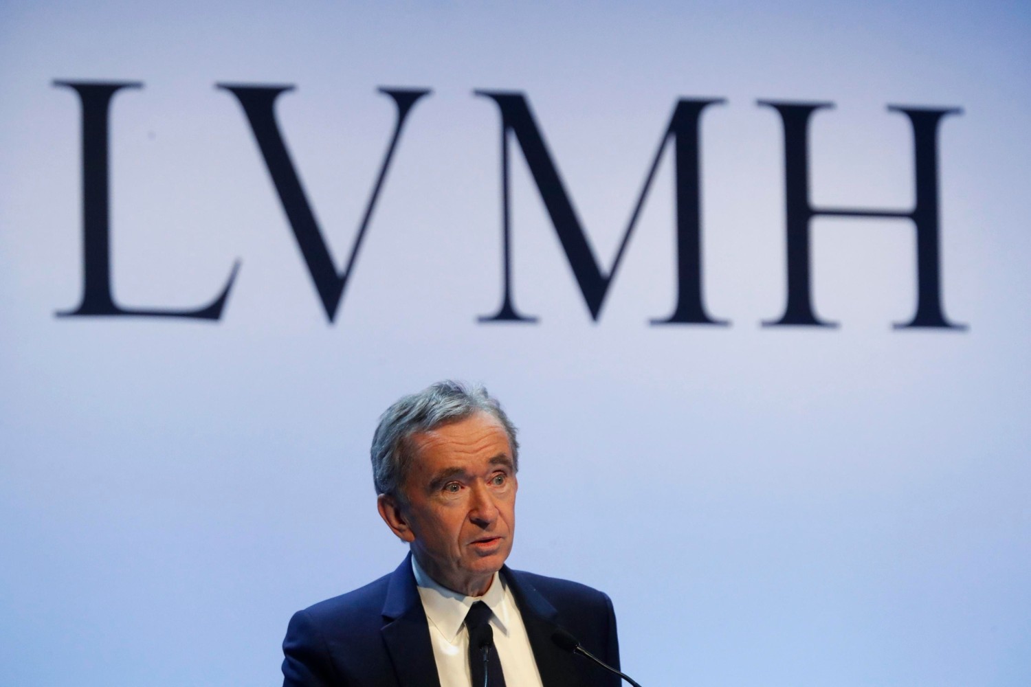 FILE - In this Jan. 28, 2020 file photo, CEO of LVMH Bernard Arnault presents the group's 2019 results during a press conference, in Paris. (AP Photo/Thibault Camus, File)COPYRIGHT 2020 THE ASSOCIATED PRESS. ALL RIGHTS RESERVED