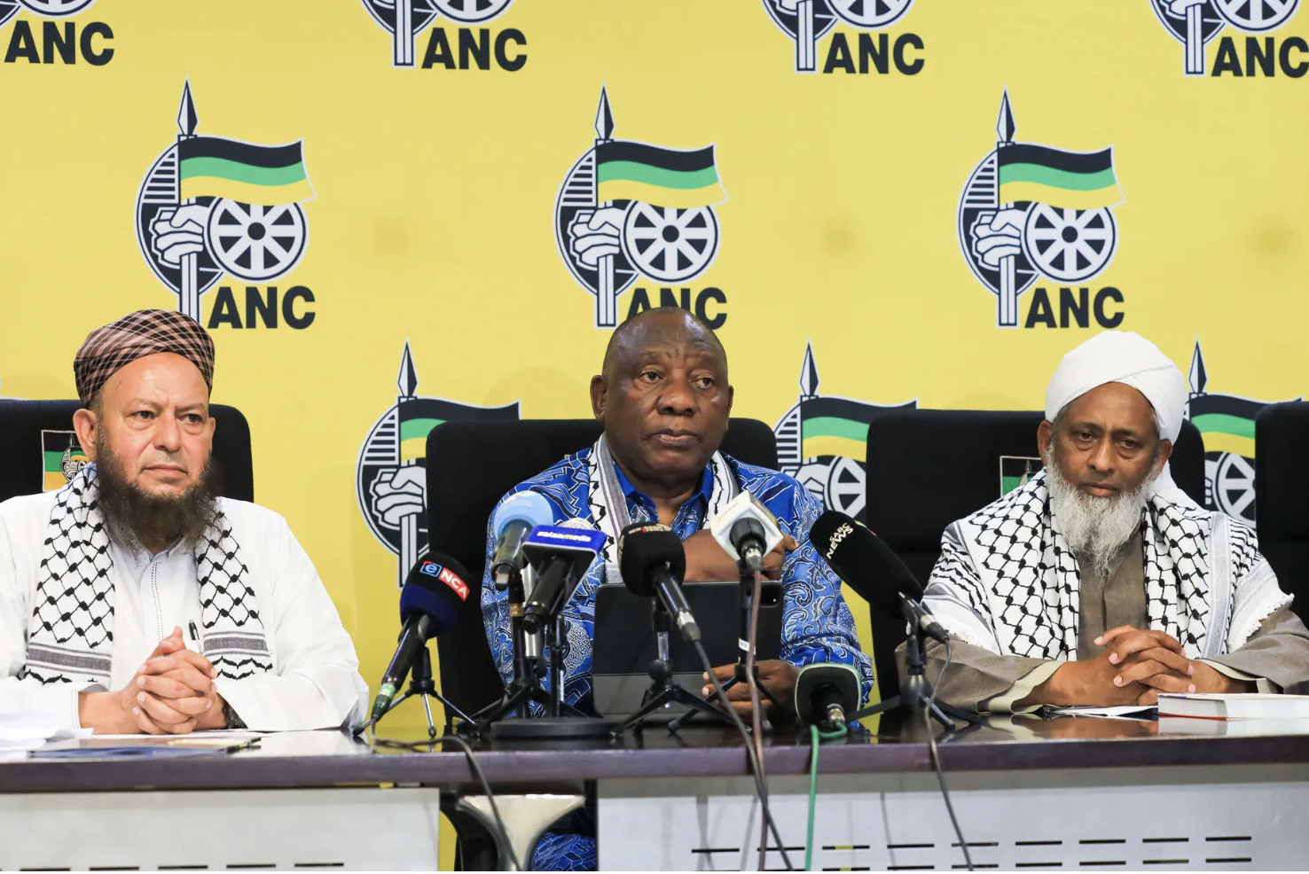 President Cyril Ramaphosa with the delegates of Organisations supporting the Liberation of Palestine at Chief Albert Luthuli House on December 18, 2023, in Johannesburg, South Africa. Luba Lesolle/Gallo Images via Getty Images
