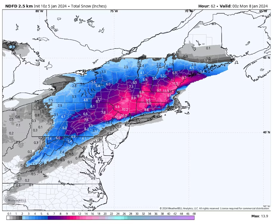 A look at the National Weather Service’s forecast for snow accumulation with the weekend storm system. (WeatherBell)
