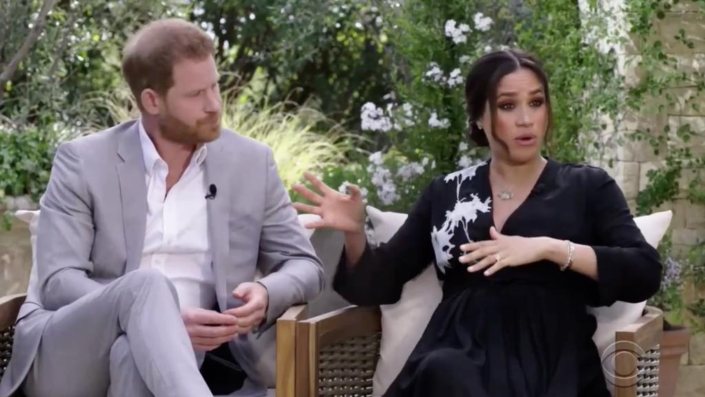 Harry and Meghan during their interview with Oprah Winfrey. Picture: CBS
